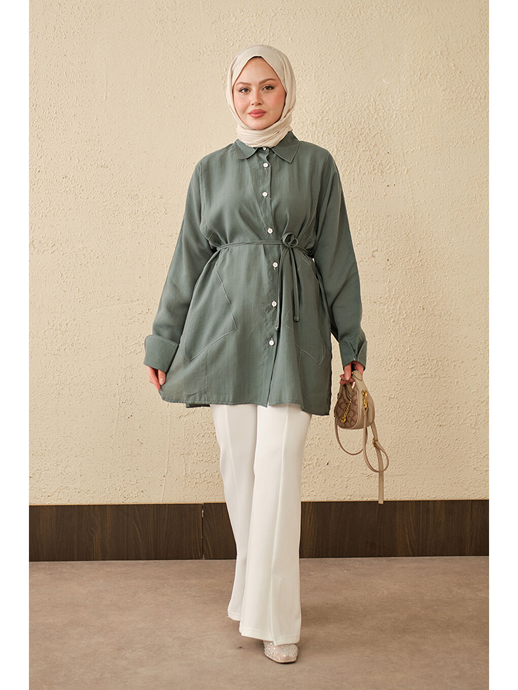 Kadın Çift Cep Detay Uzun Gömlek Yeşil-2
