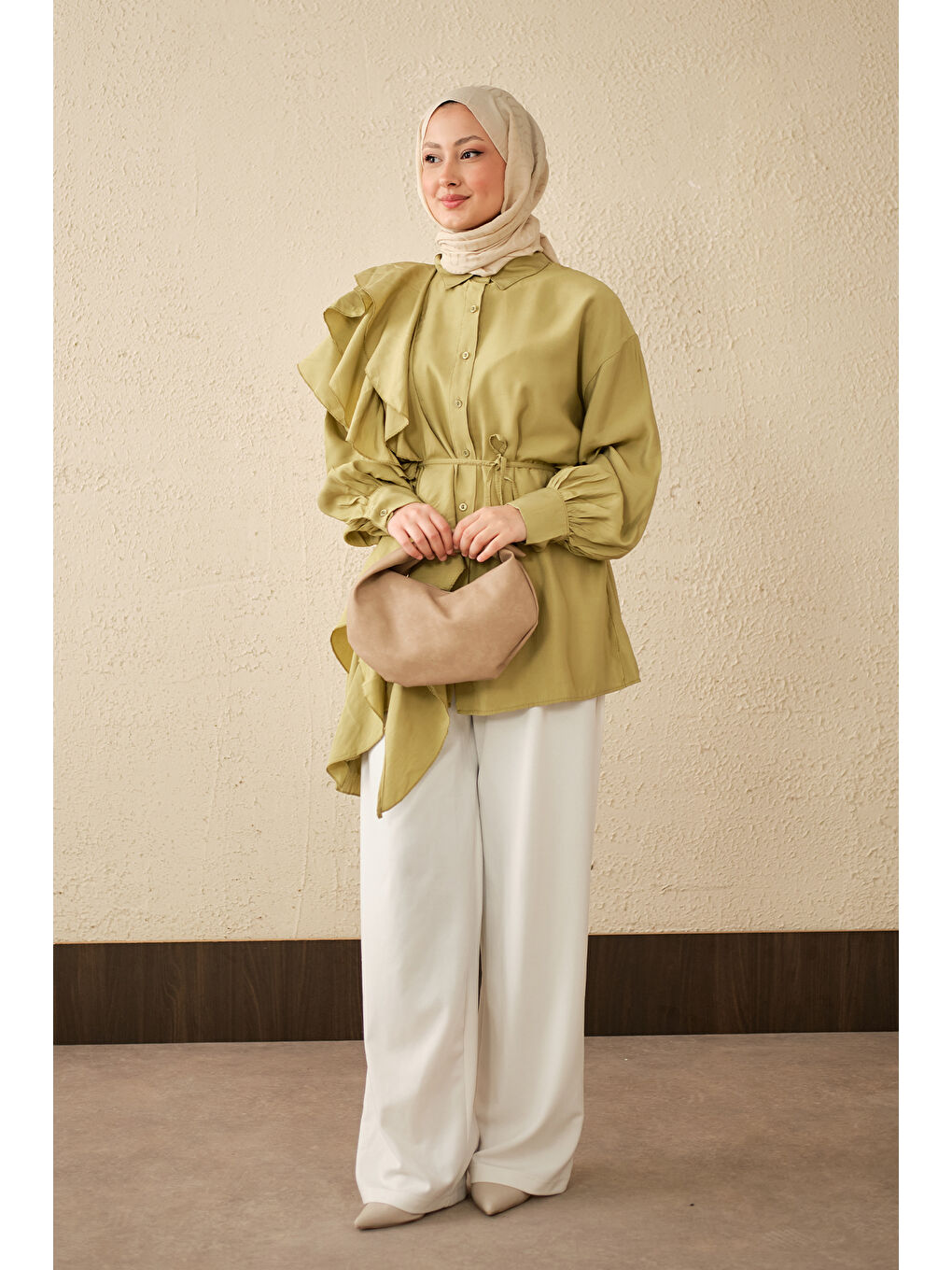 Kadın Volanlı Bağcıklı Gömlek Yağ Yeşil-1