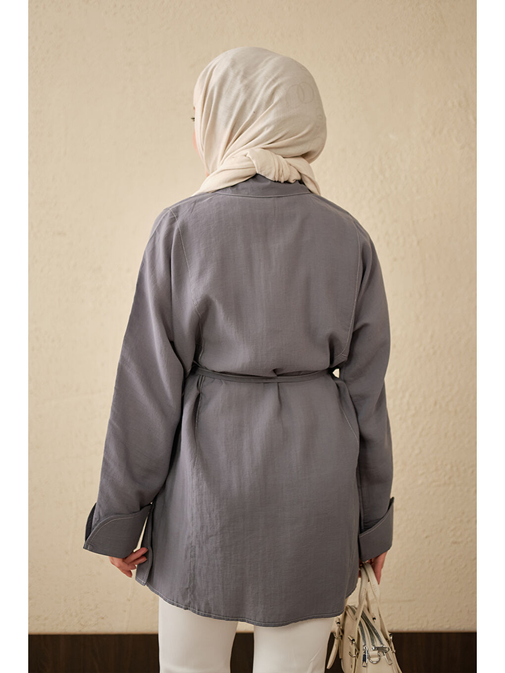 Kadın Çift Cep Detay Uzun Gömlek Gri-4