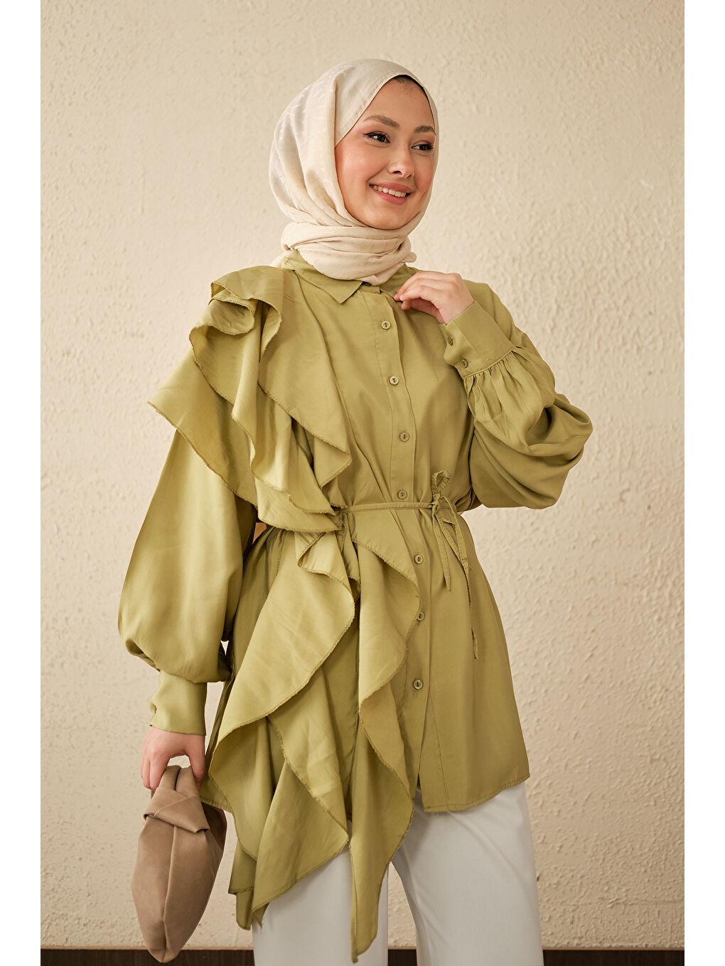 Kadın Volanlı Bağcıklı Gömlek Yağ Yeşil-2