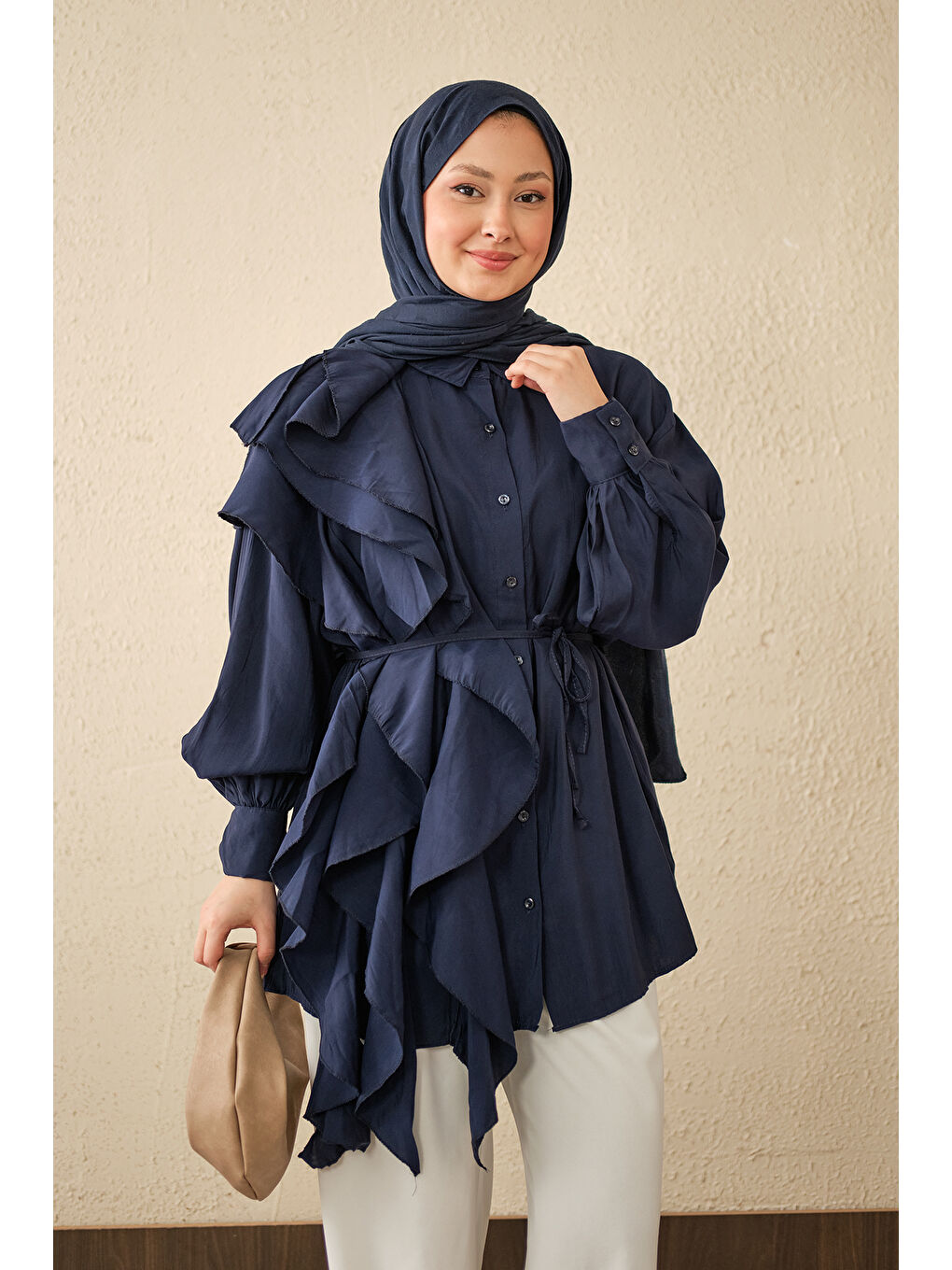 Kadın Volanlı Bağcıklı Gömlek Lacivert