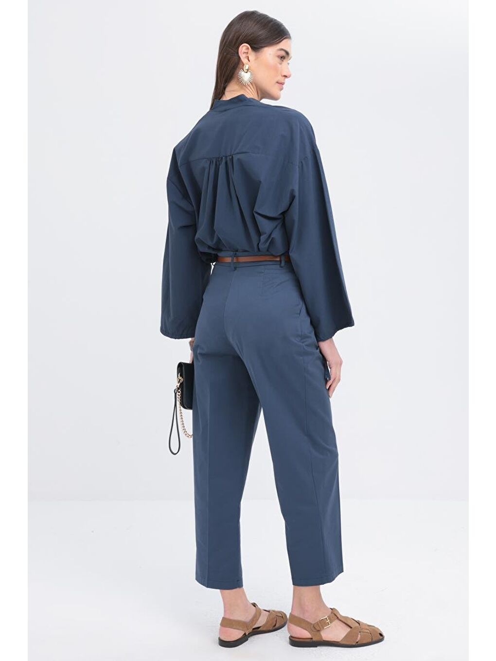 İndigo-Kemerli Boru Paça Pantolon-2