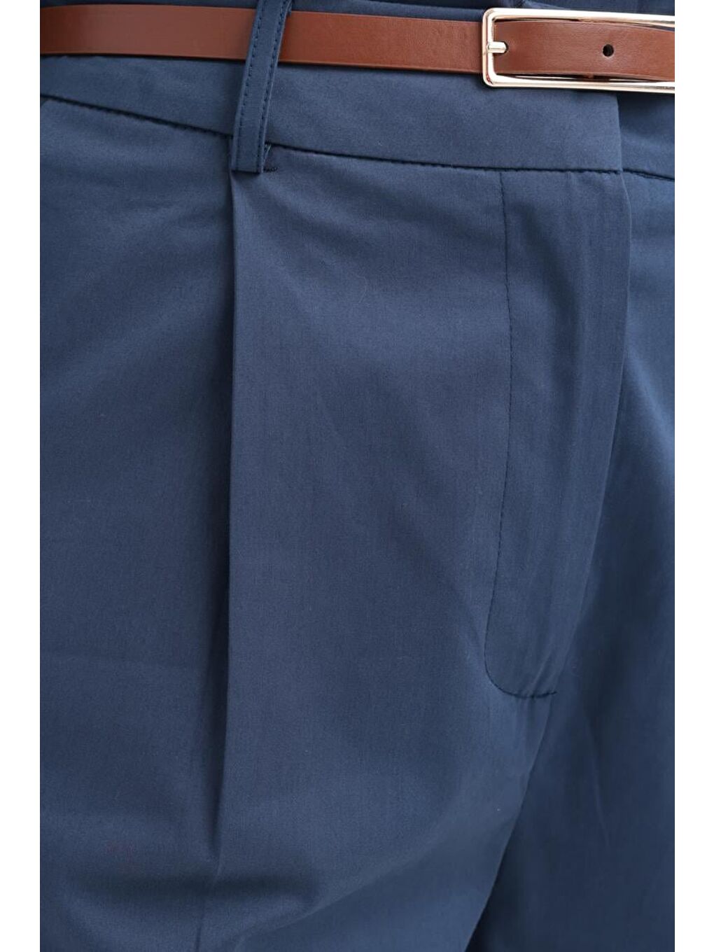 İndigo-Kemerli Boru Paça Pantolon-3