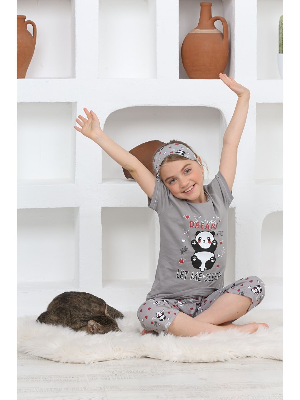 Kapi Kids Gri Kız Çocuk Uyku Bantlı-Kaprili-Pijama Takımı Mnx6112-14