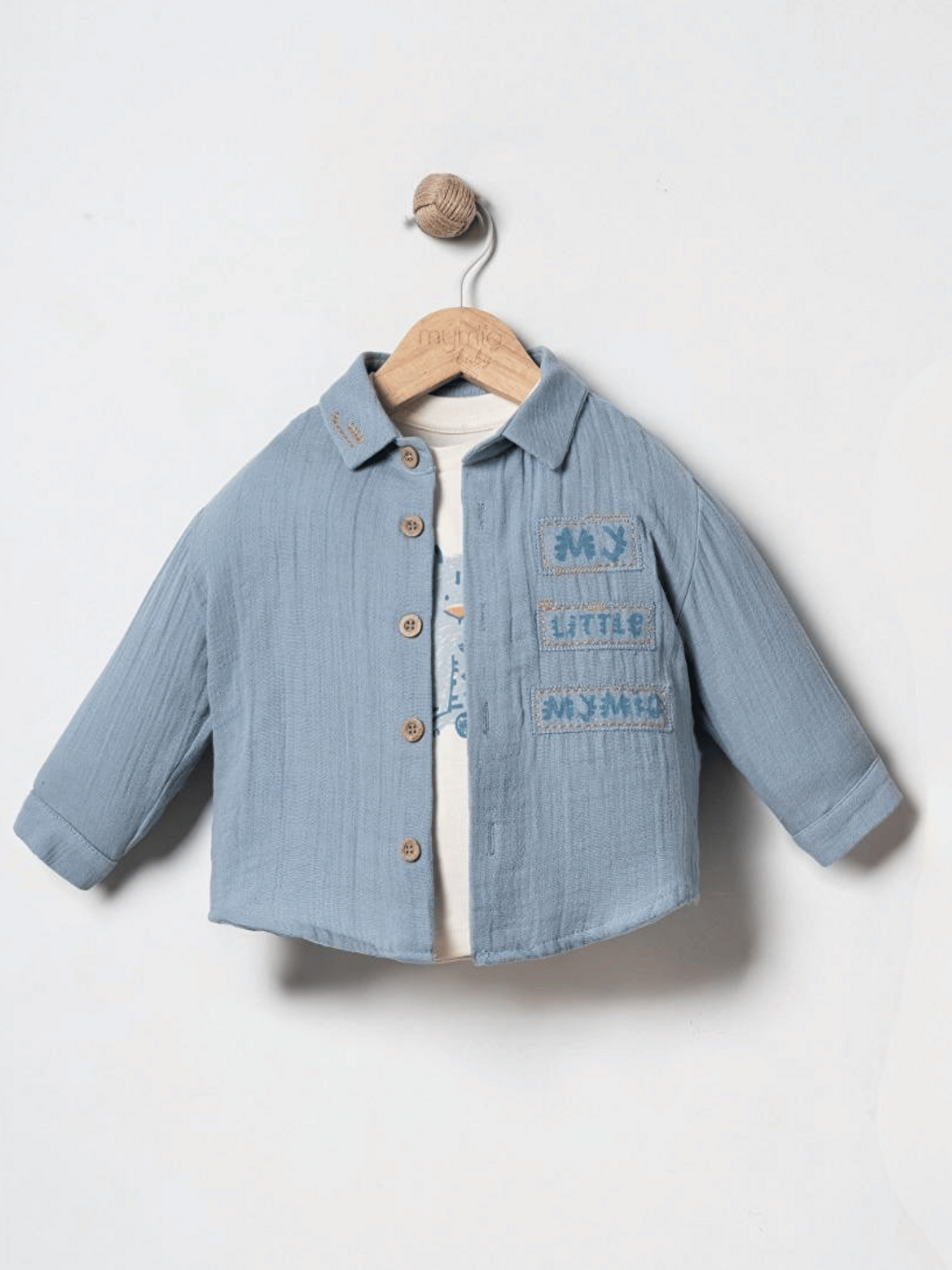 Mavi Müslin Gömlek Pantolon Uzun Kollu Tişört Erkek Bebek 3'lü Takım-1