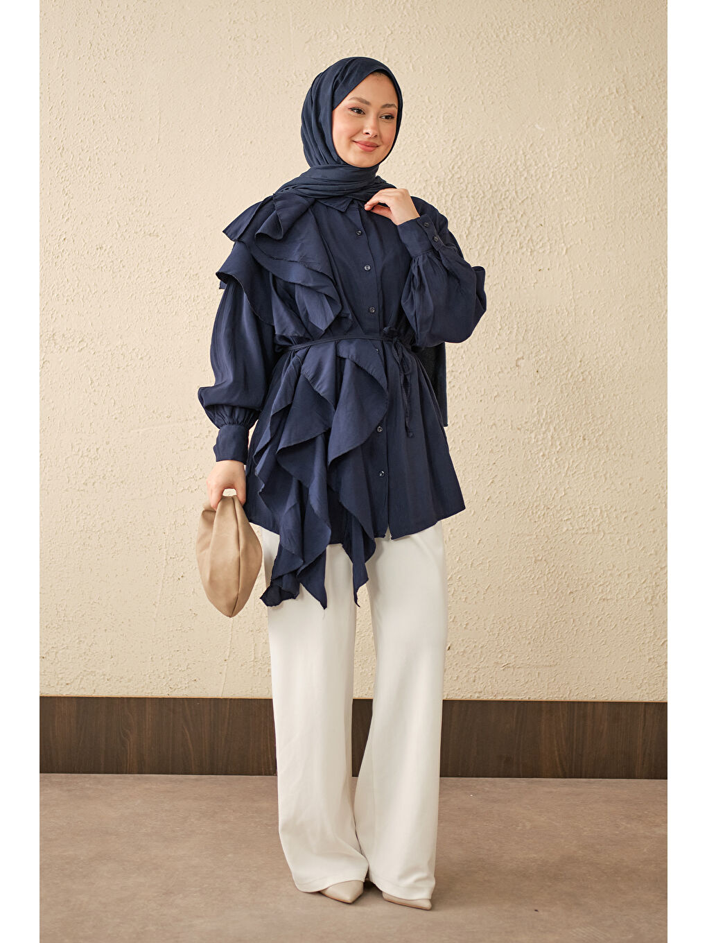 Kadın Volanlı Bağcıklı Gömlek Lacivert-1