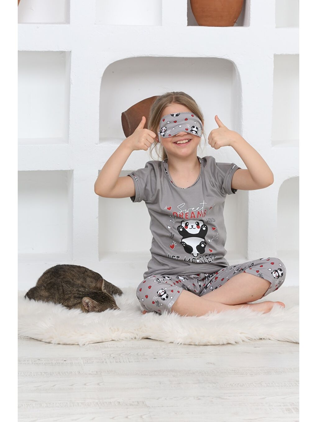 Kapi Kids Gri Kız Çocuk Uyku Bantlı-Kaprili-Pijama Takımı Mnx6112-14 - 1