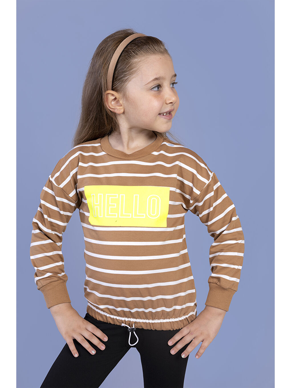 Toontoykids Kahverengi Kız Çocuk Çizgi Desenli Baskılı Sweatshirt