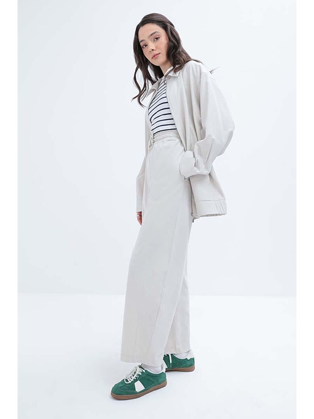 Bej Taş-Beli Lastikli Slouchy Pantolon