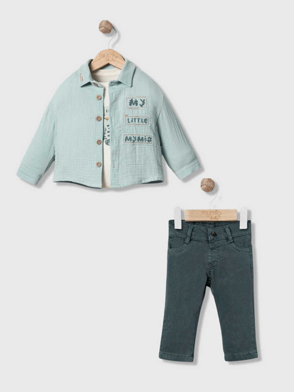 Yeşil Müslin Gömlek Pantolon Uzun Kollu Tişört Erkek Bebek 3'lü Takım