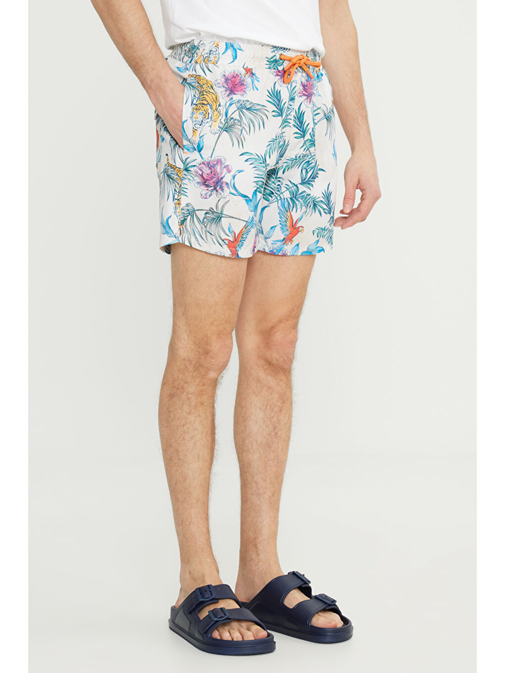 Erkek Ekru-Lacivert Standart Fit Normal Kesim Cepli Hızlı Kuruyan Desenli Mayo Deniz Şortu-1