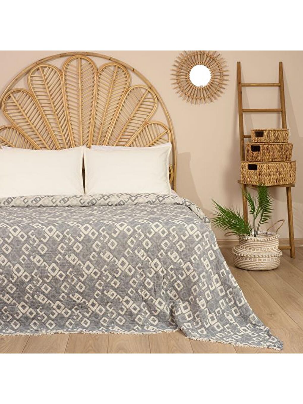Soft Kuadrum Müslin Çift Kişilik Yatak Örtüsü - Gri - 200x220 cm