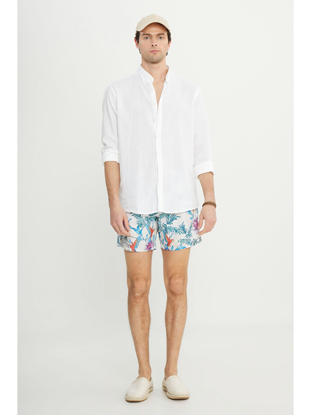 Erkek Ekru-Lacivert Standart Fit Normal Kesim Cepli Hızlı Kuruyan Desenli Mayo Deniz Şortu-4