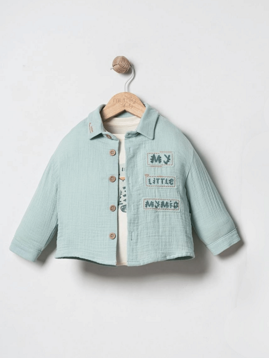 Yeşil Müslin Gömlek Pantolon Uzun Kollu Tişört Erkek Bebek 3'lü Takım-1