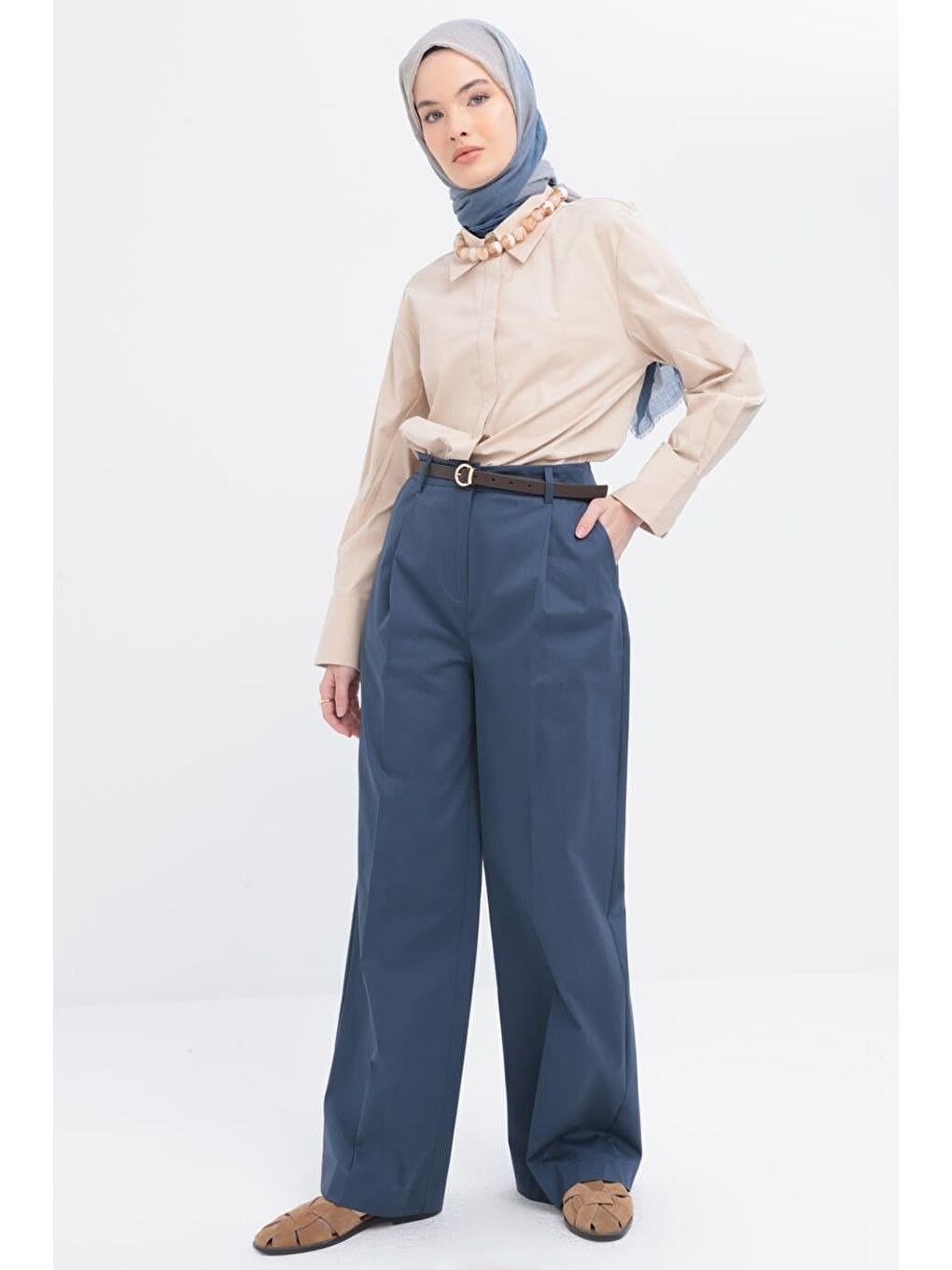 İndigo-Pileli Geniş Paça Pantolon-1