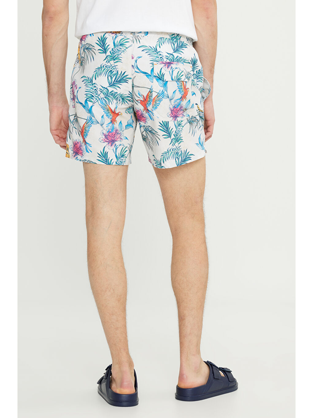 Erkek Ekru-Lacivert Standart Fit Normal Kesim Cepli Hızlı Kuruyan Desenli Mayo Deniz Şortu-7