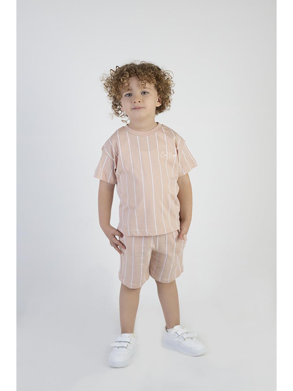 Kahverengi Erkek Bebek Cool Boys Baskılı Çizgili Kısa Kollu Şortlu Alt Üst Takım-1