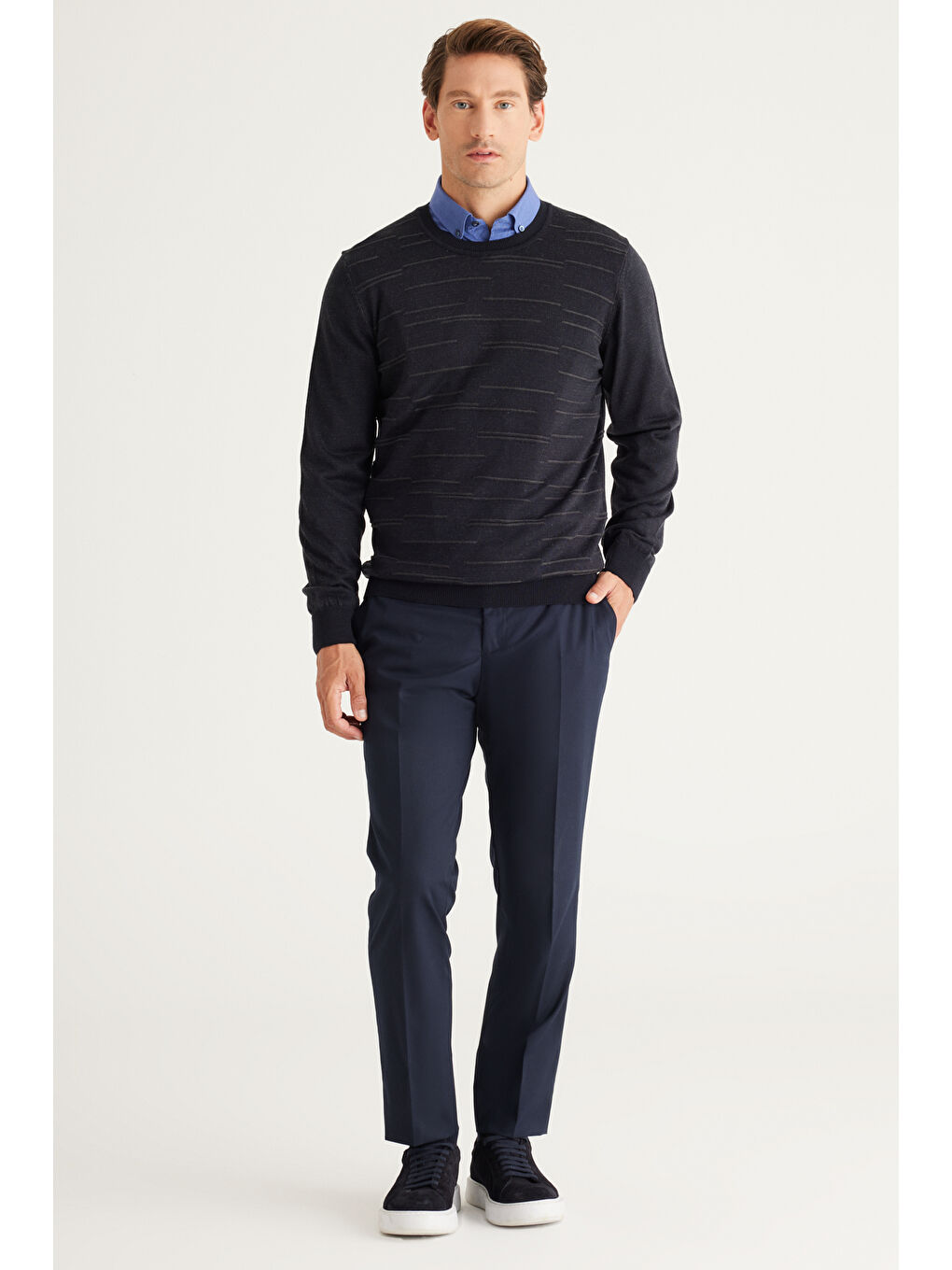 Erkek Lacivert-Antrasit Standart Fit Normal Kesim Bisiklet Yaka Triko Kazak-1