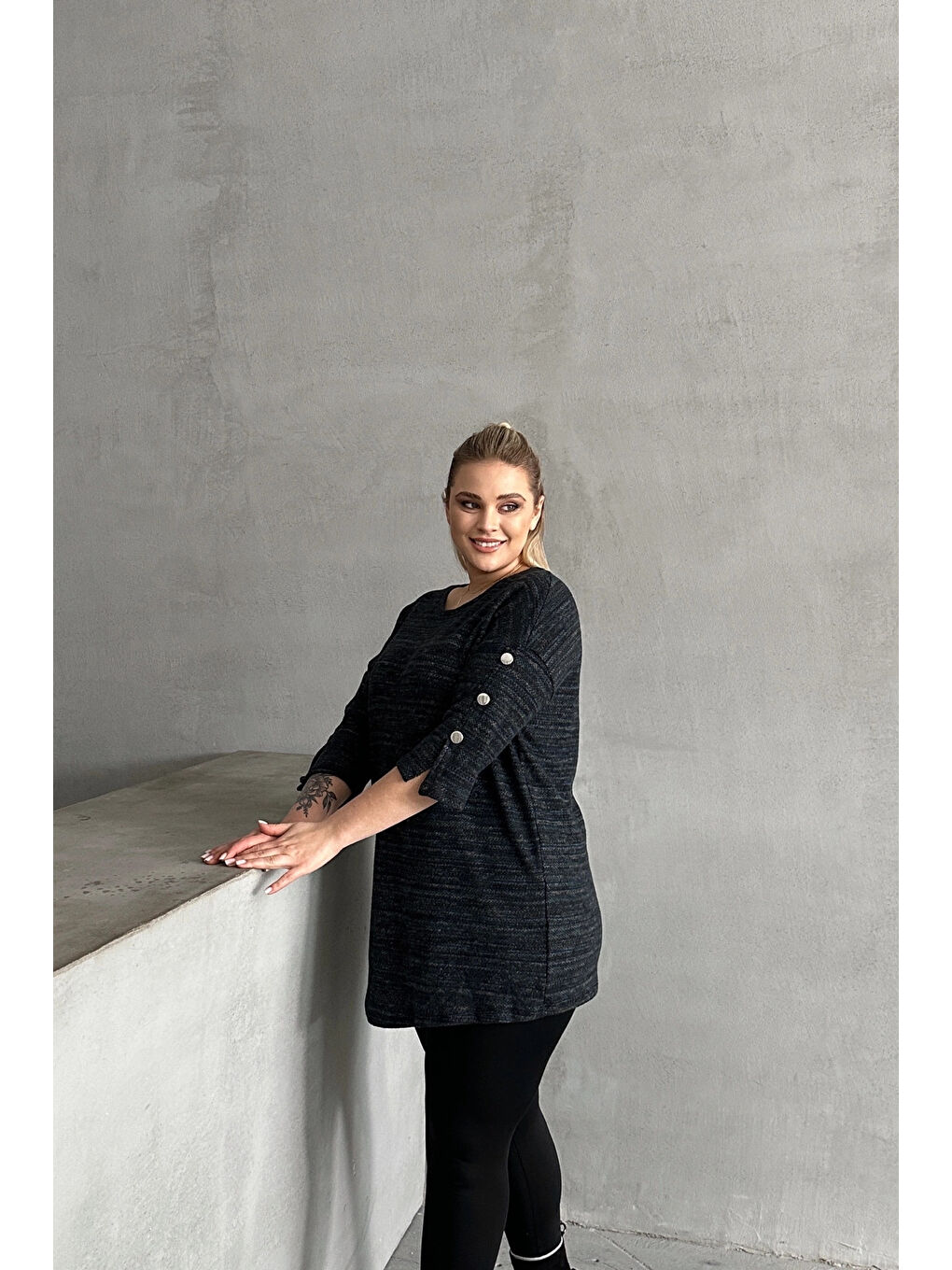 Antrasit Büyük Beden Yarım Kollu Bisiklet Yaka Düğme Detaylı Kırçıllı Kazak 303691-4