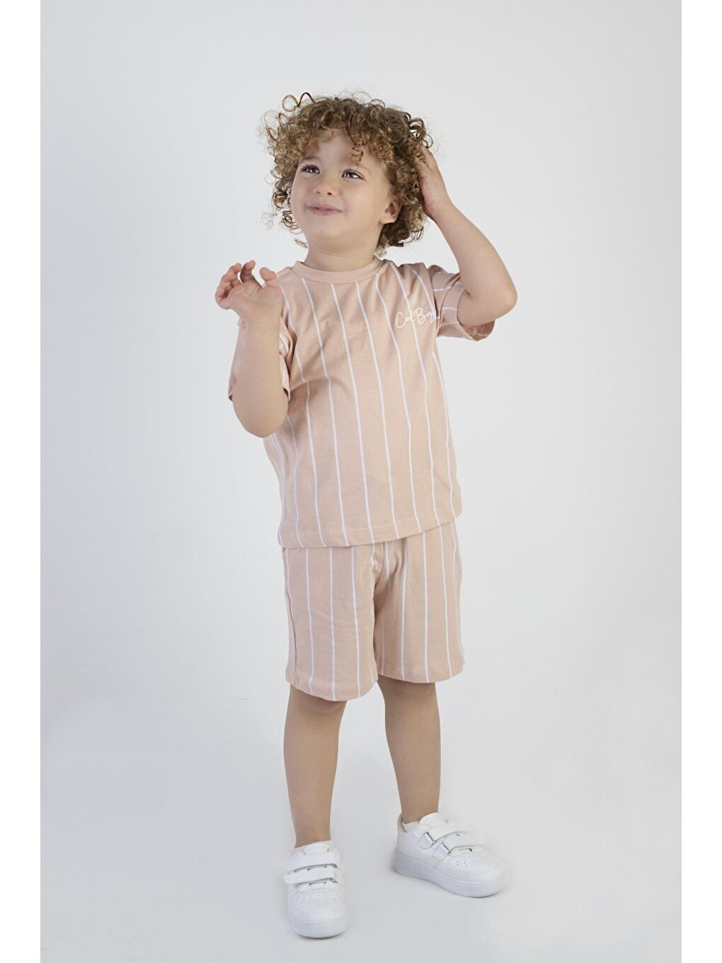 Kahverengi Erkek Bebek Cool Boys Baskılı Çizgili Kısa Kollu Şortlu Alt Üst Takım-2