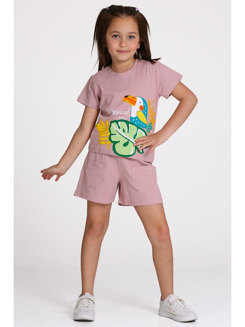 Pembe Gül Kurusu Tropical Vibes Baskılı 3-7 Yaş Takım - 2509-2