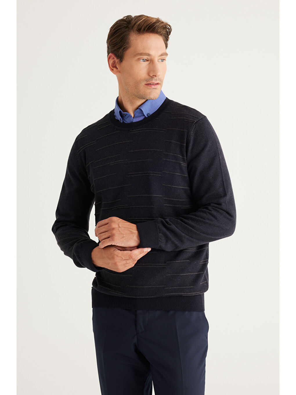 Erkek Lacivert-Antrasit Standart Fit Normal Kesim Bisiklet Yaka Triko Kazak-2