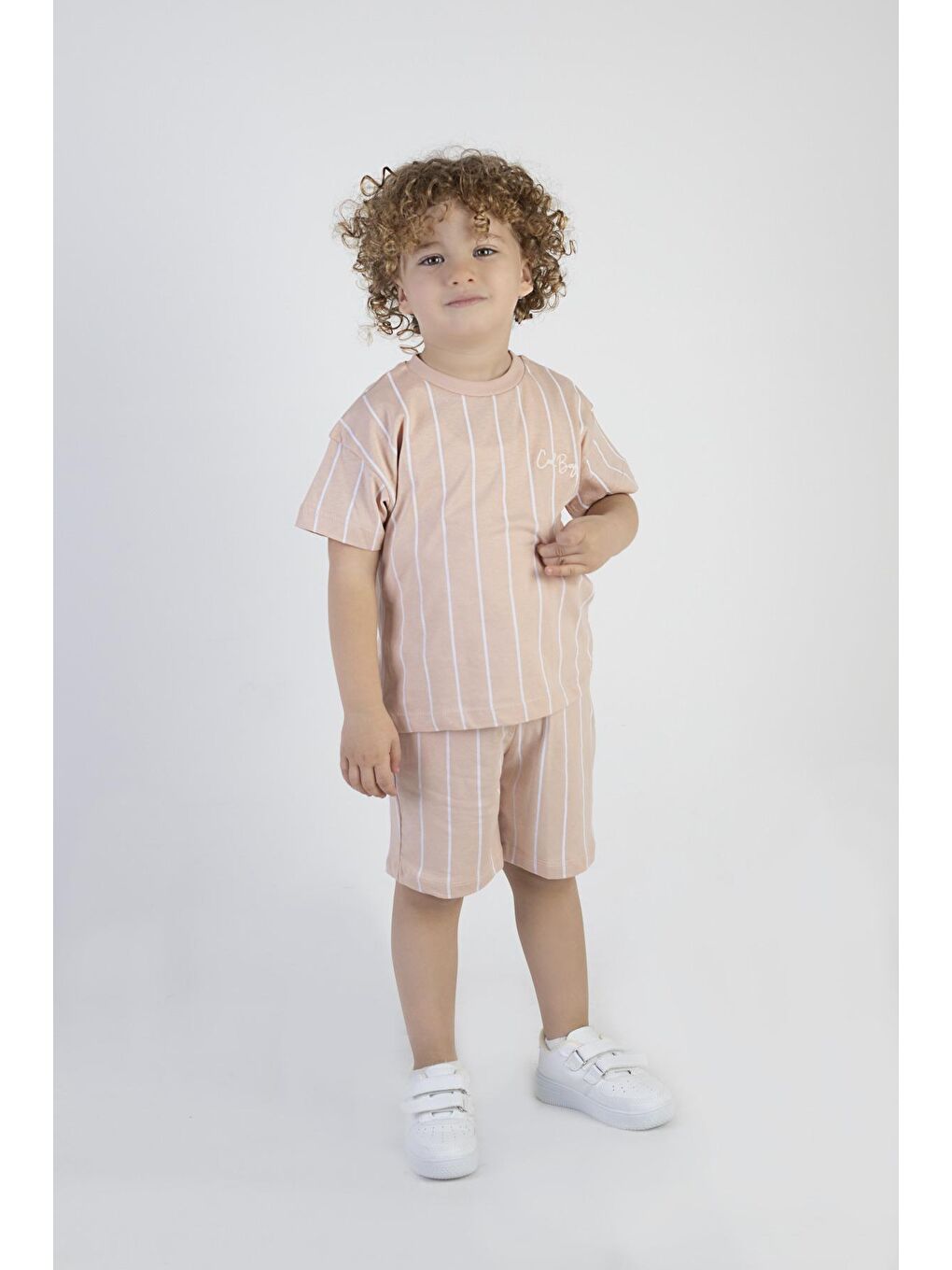 Kahverengi Erkek Bebek Cool Boys Baskılı Çizgili Kısa Kollu Şortlu Alt Üst Takım-3