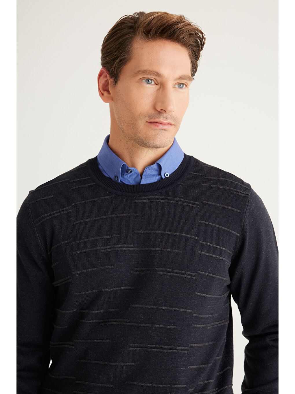 Erkek Lacivert-Antrasit Standart Fit Normal Kesim Bisiklet Yaka Triko Kazak-3