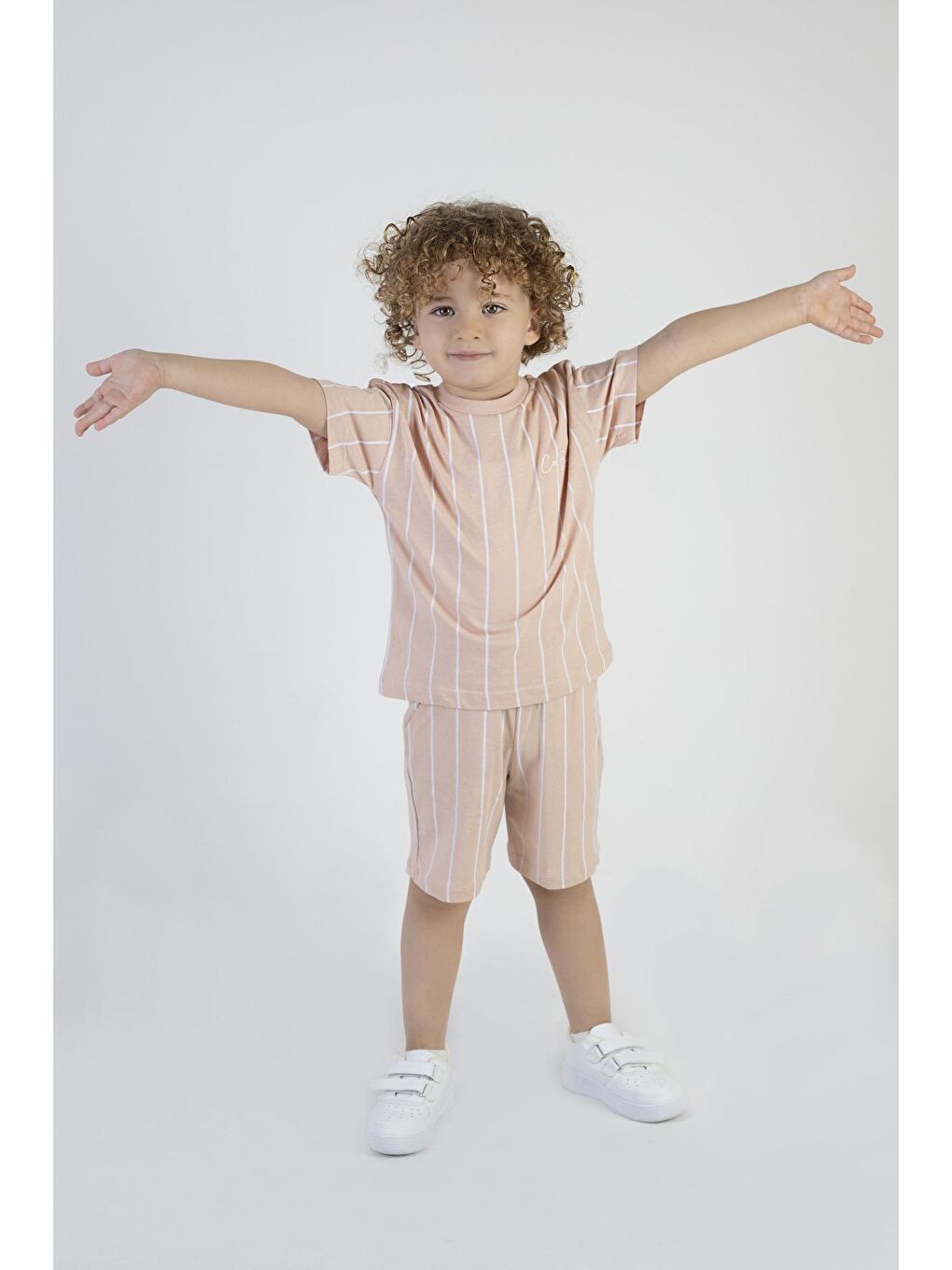 Kahverengi Erkek Bebek Cool Boys Baskılı Çizgili Kısa Kollu Şortlu Alt Üst Takım-4