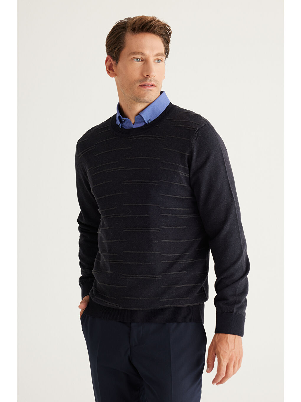 Erkek Lacivert-Antrasit Standart Fit Normal Kesim Bisiklet Yaka Triko Kazak-4