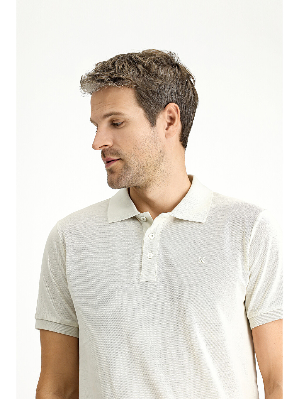 Bej Slim Fit Dar Kesim Pamuk Kıvrılmaz Polo Yaka Tişört-2