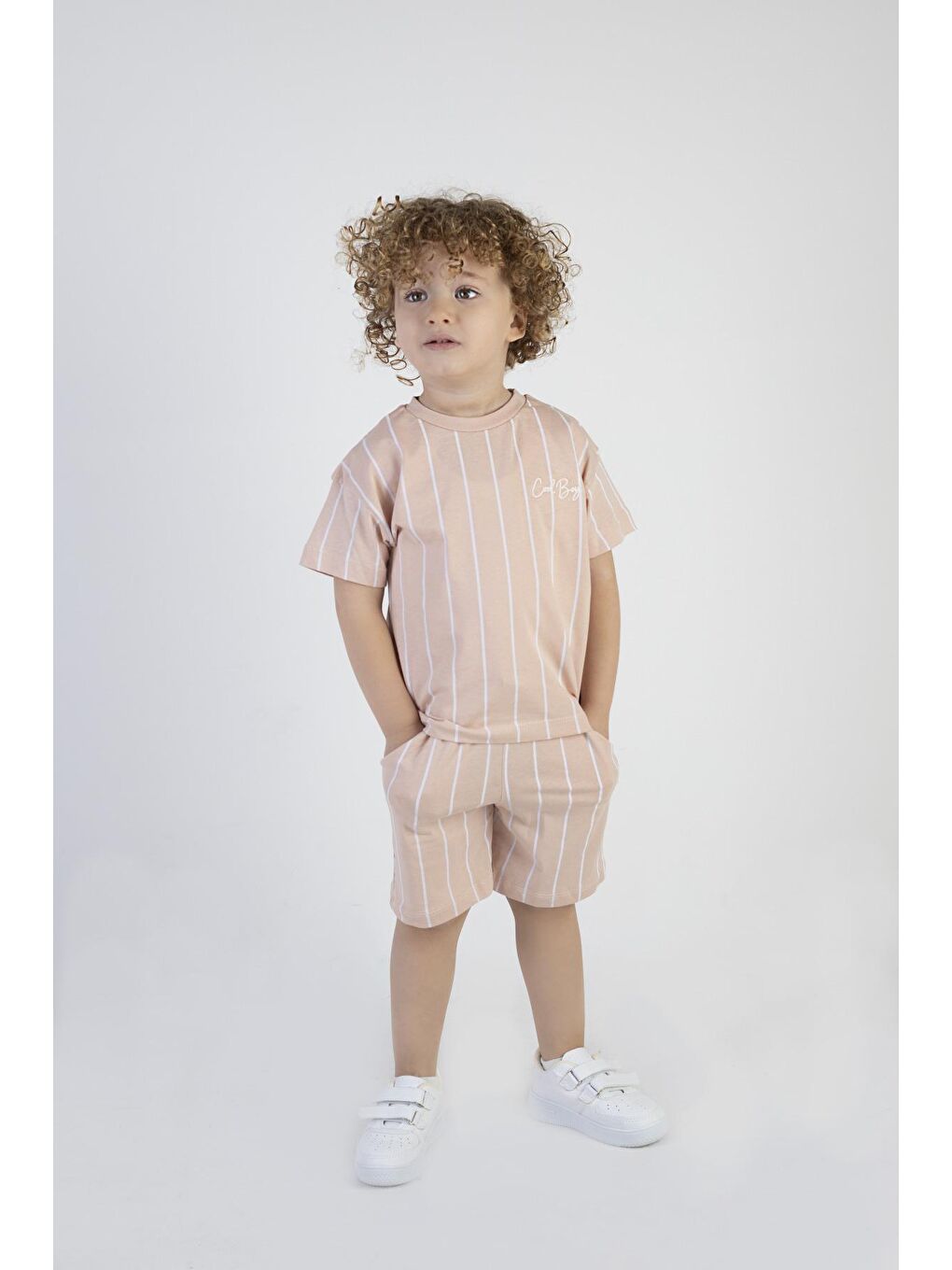 Kahverengi Erkek Bebek Cool Boys Baskılı Çizgili Kısa Kollu Şortlu Alt Üst Takım-5