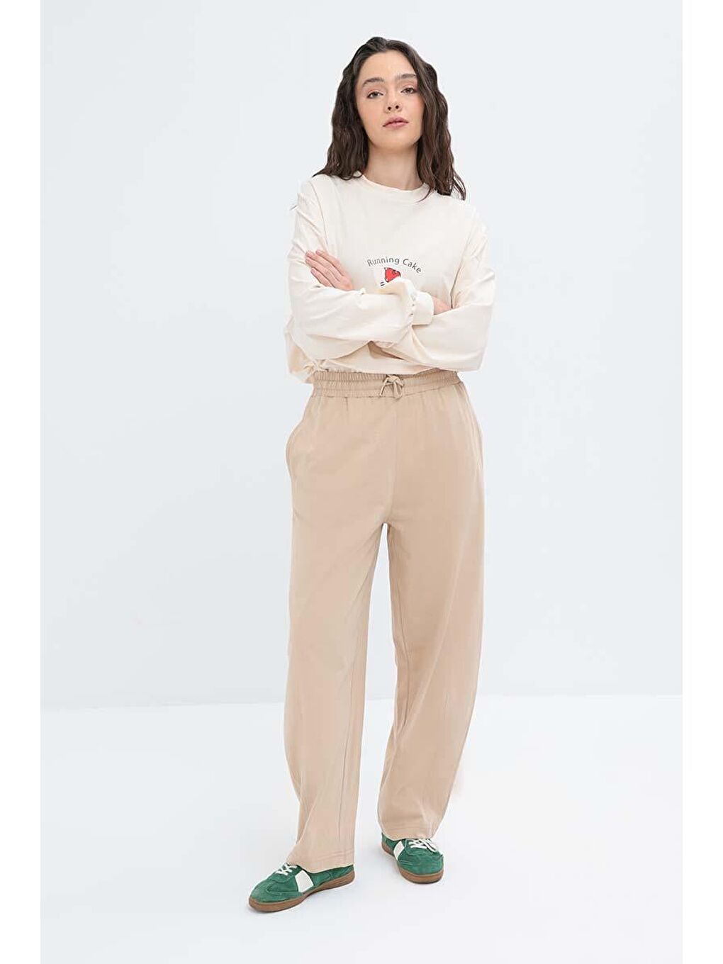 Bej-Beli Lastikli Slouchy Pantolon