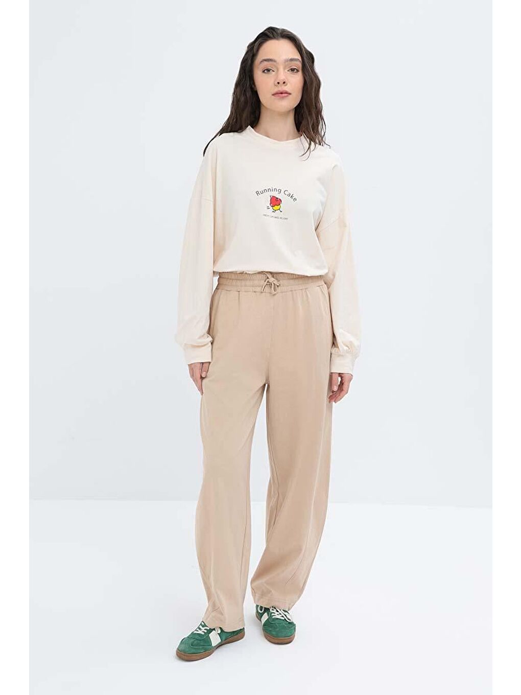 Bej-Beli Lastikli Slouchy Pantolon-1