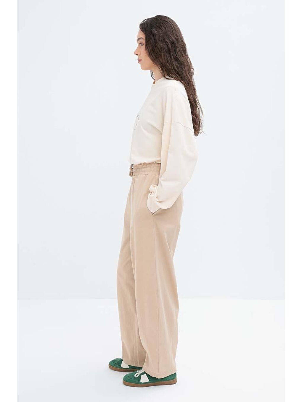 Bej-Beli Lastikli Slouchy Pantolon-2