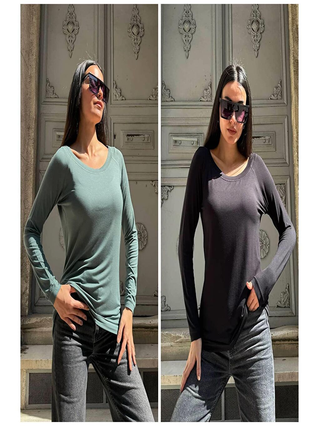 2'li Pamuk Uzun Kol Siyah ve Yeşil Tshirt