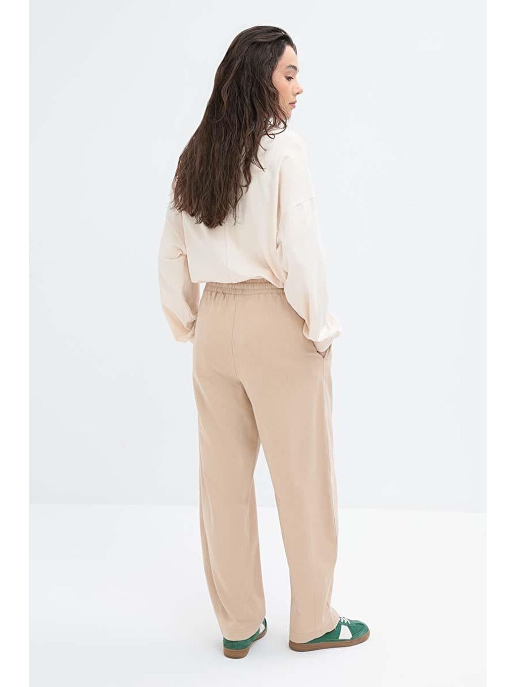 Bej-Beli Lastikli Slouchy Pantolon-3