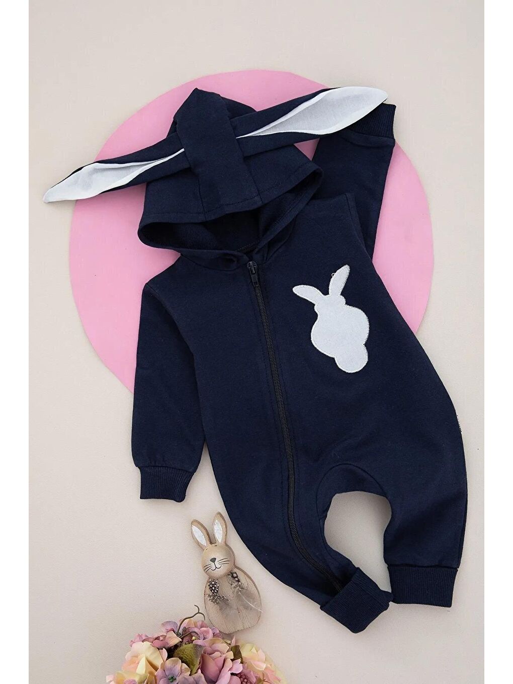 Lacivert Tavşan Nakışlı Kapüşonlu Pon Ponlu Bebek Tulum