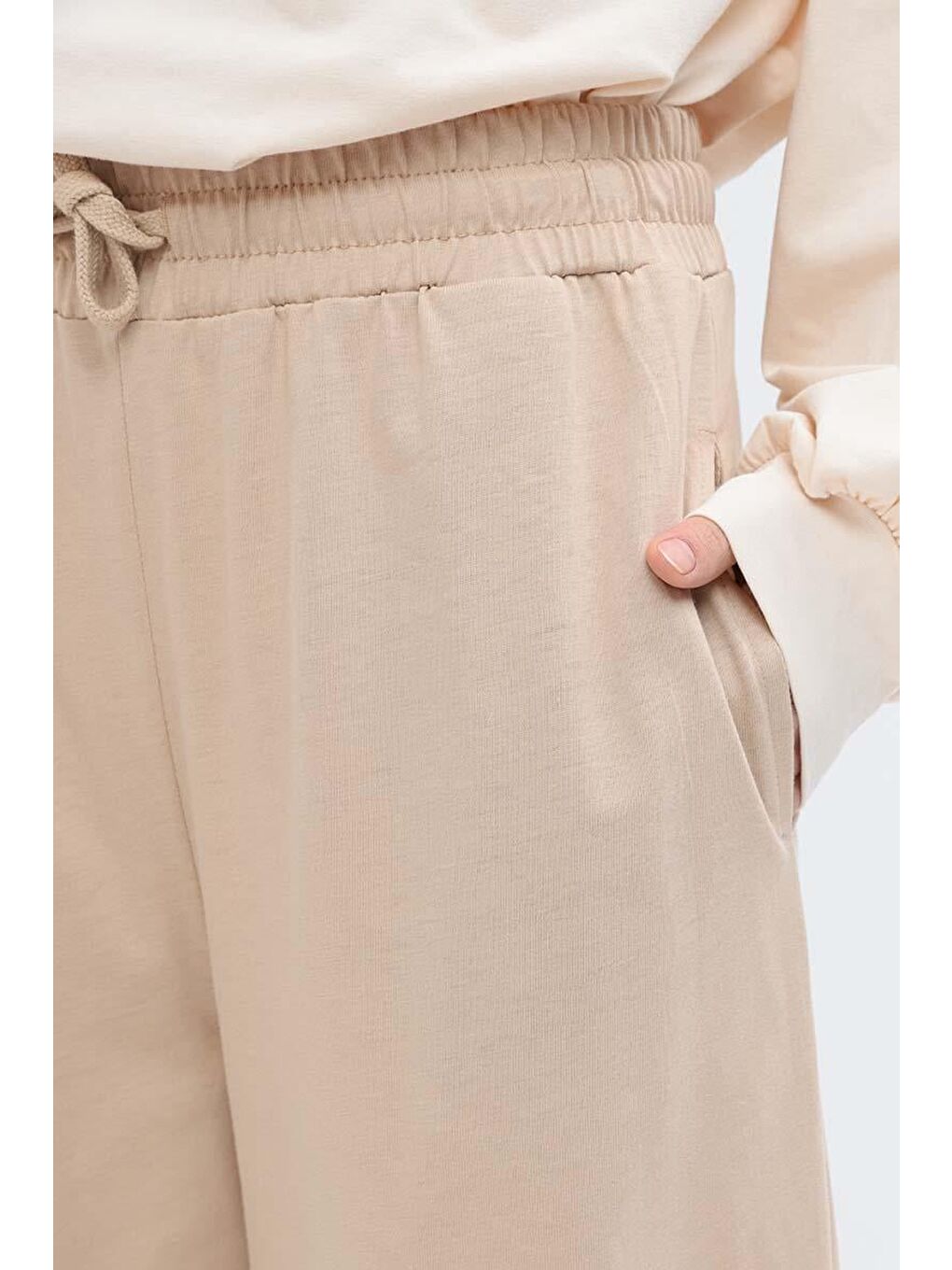 Bej-Beli Lastikli Slouchy Pantolon-4