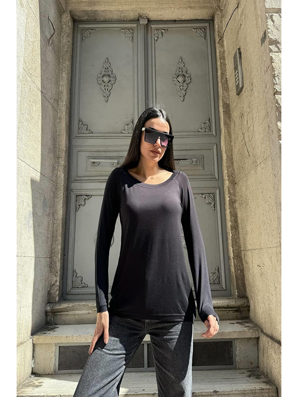 2'li Pamuk Uzun Kol Siyah ve Yeşil Tshirt-1