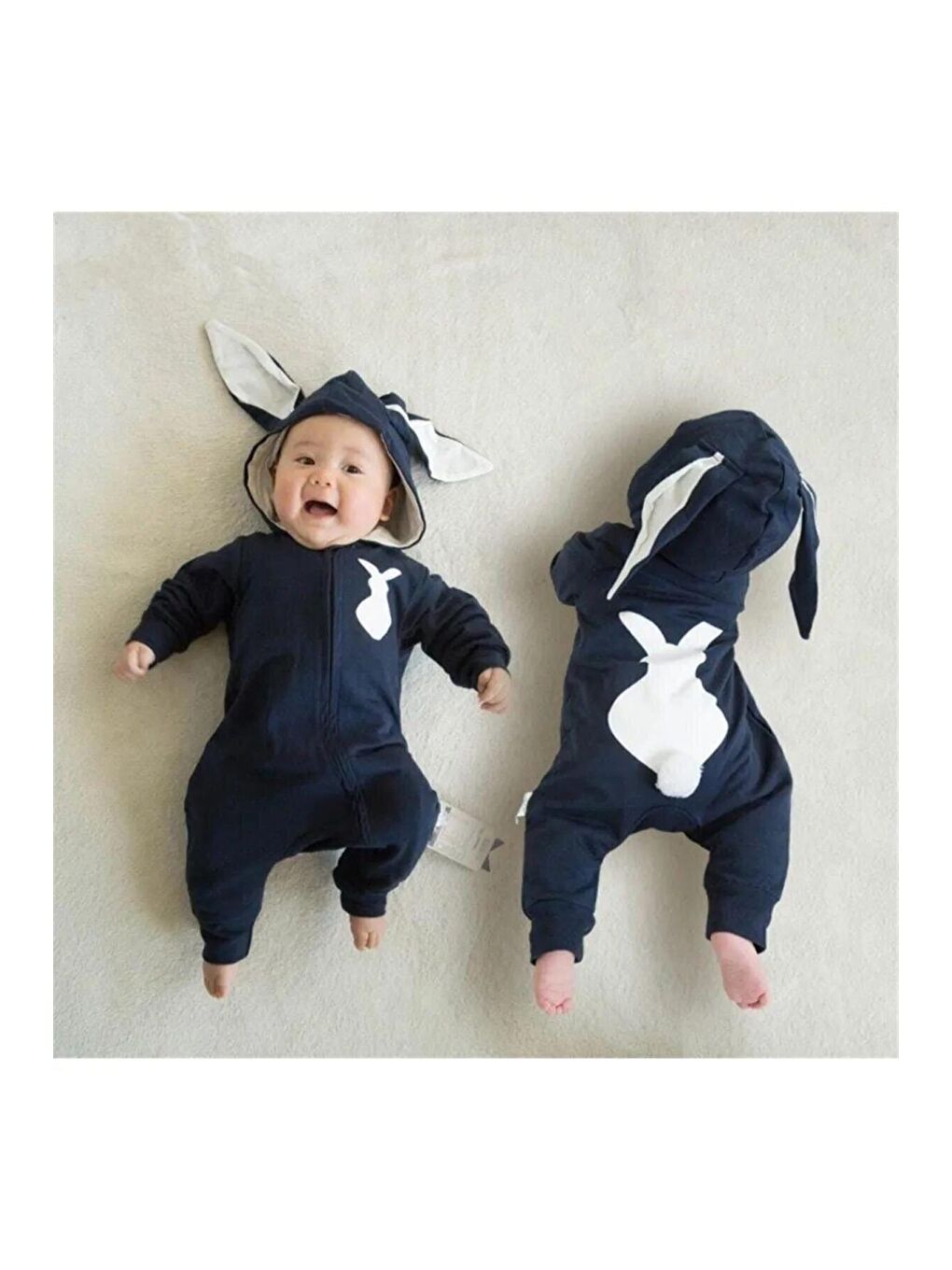 Lacivert Tavşan Nakışlı Kapüşonlu Pon Ponlu Bebek Tulum-1