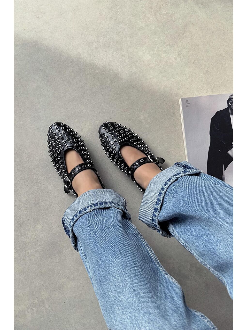 Sofia Kadın Drop Detay Kıışık Deri Babet Siyah