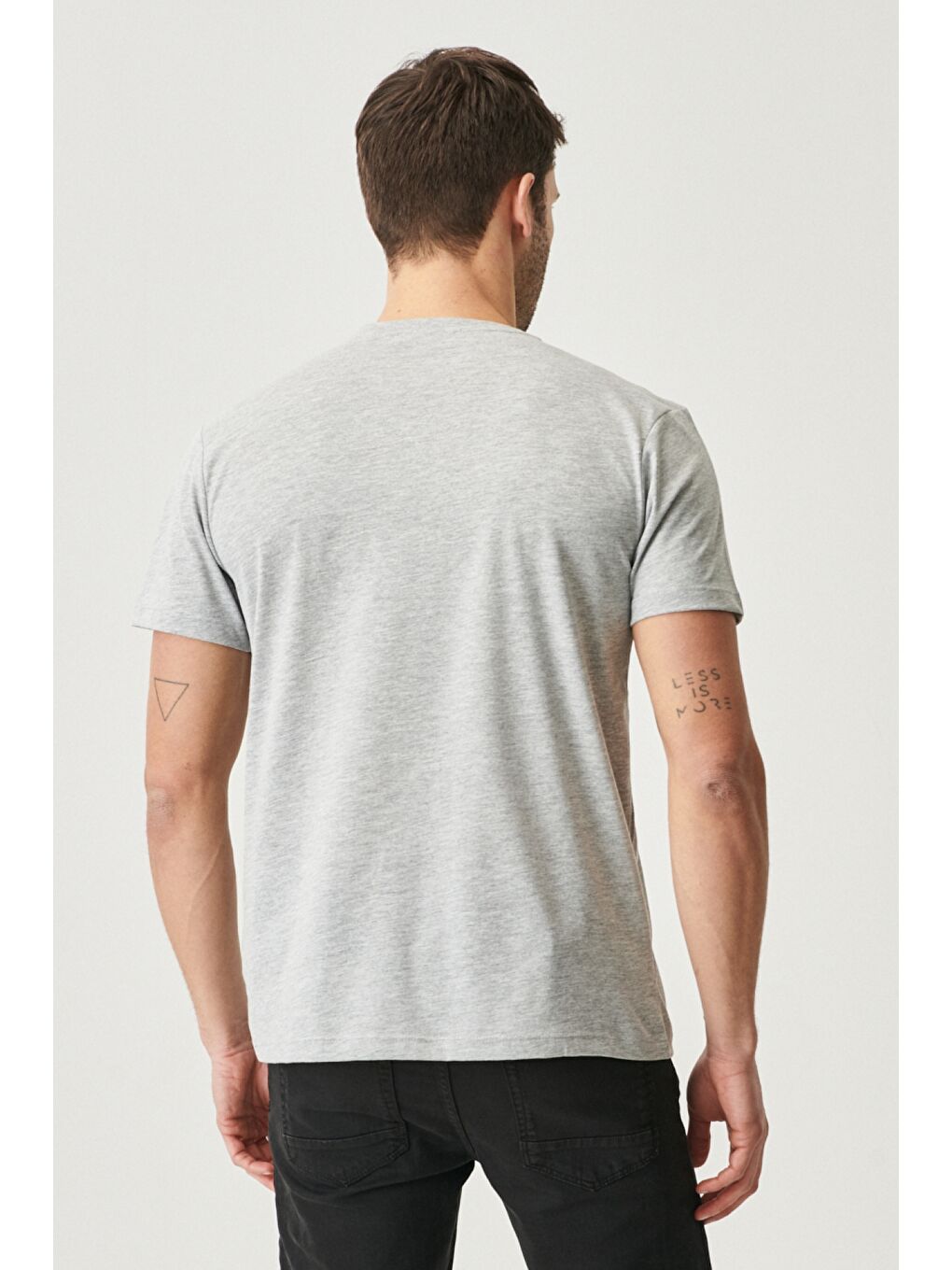 Erkek Gri Melanj-Gri Melanj Slim Fit Bisiklet Yaka 2'li Düz Tişört Paketi-5