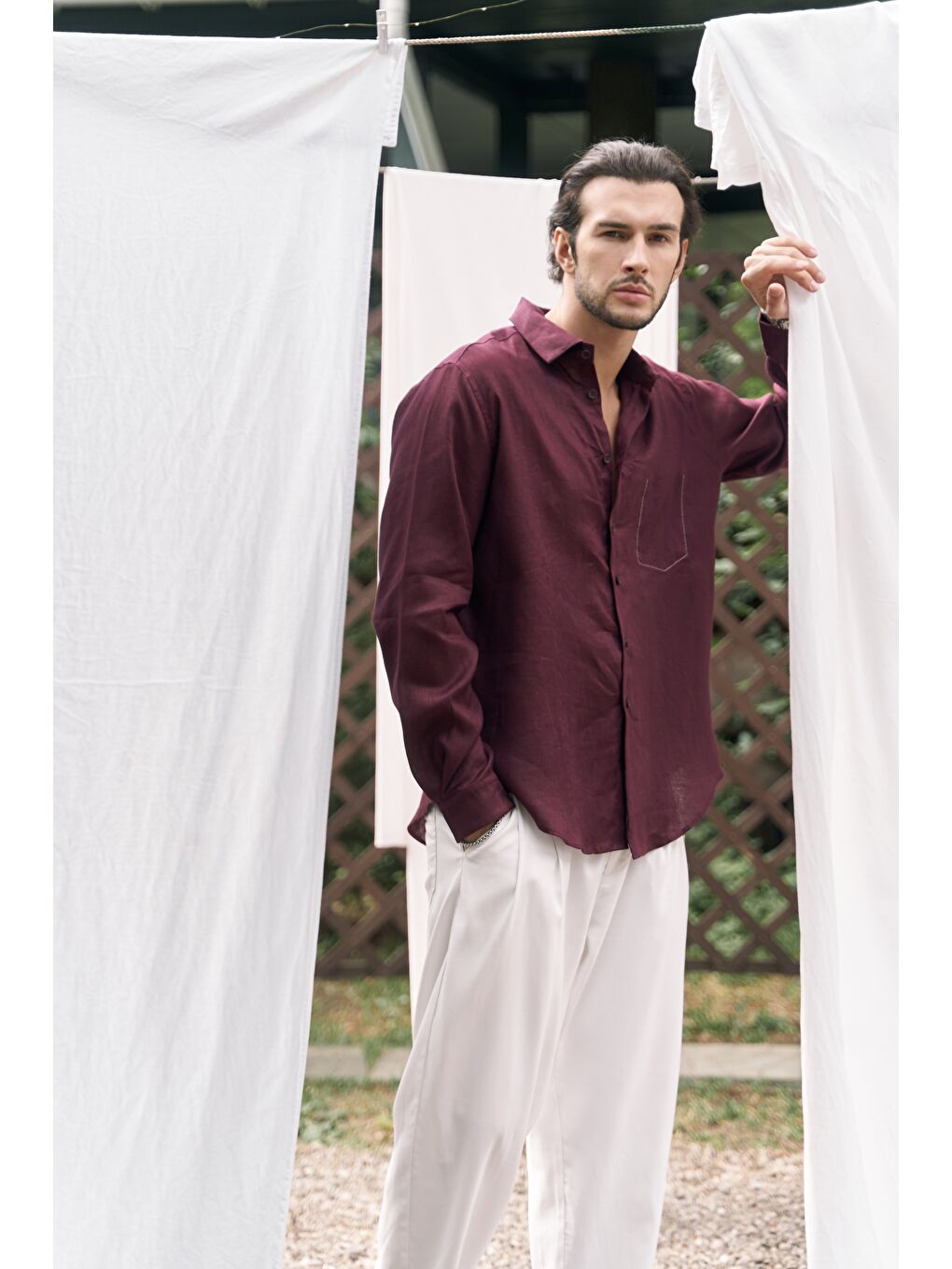 Ombretta Bordo Keten Oversize Erkek Gömlek-1