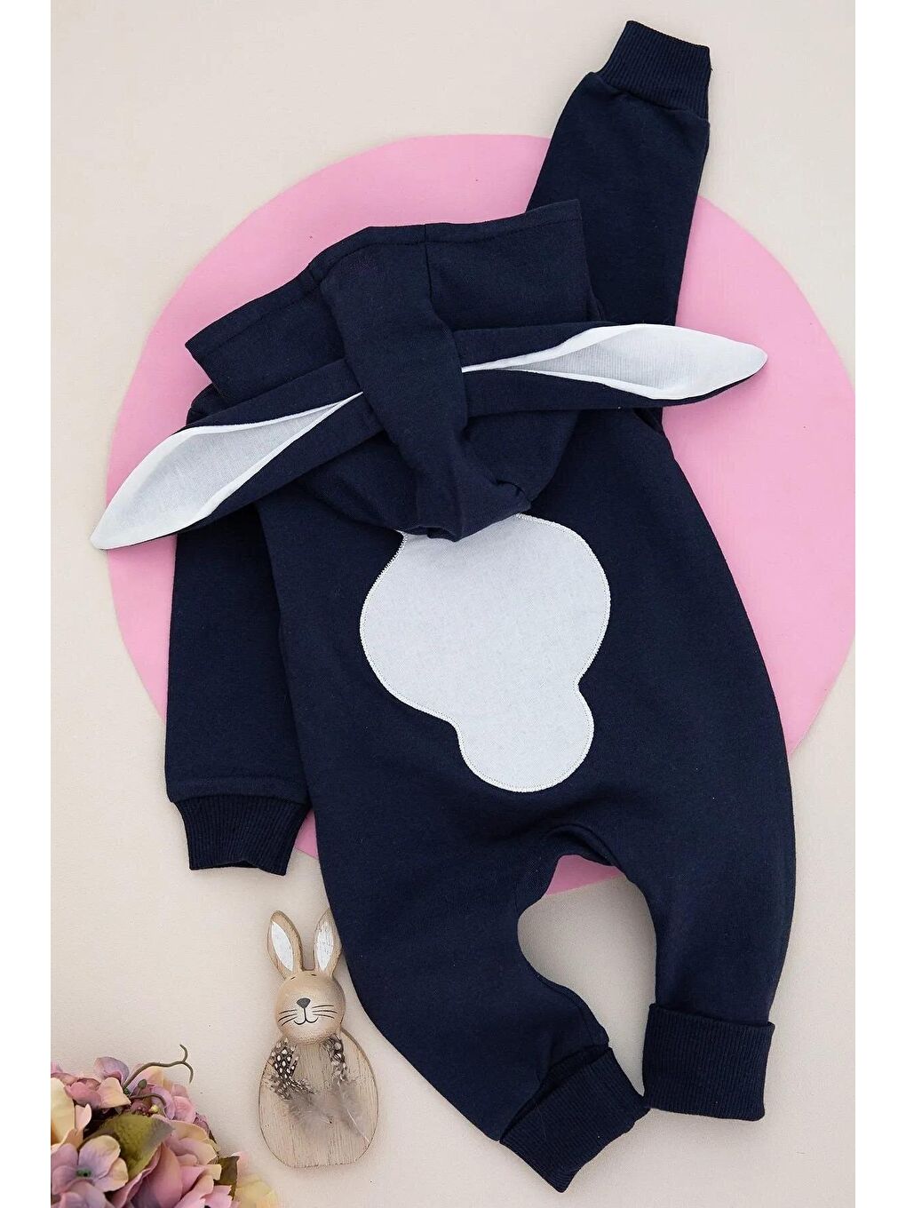 Lacivert Tavşan Nakışlı Kapüşonlu Pon Ponlu Bebek Tulum-2