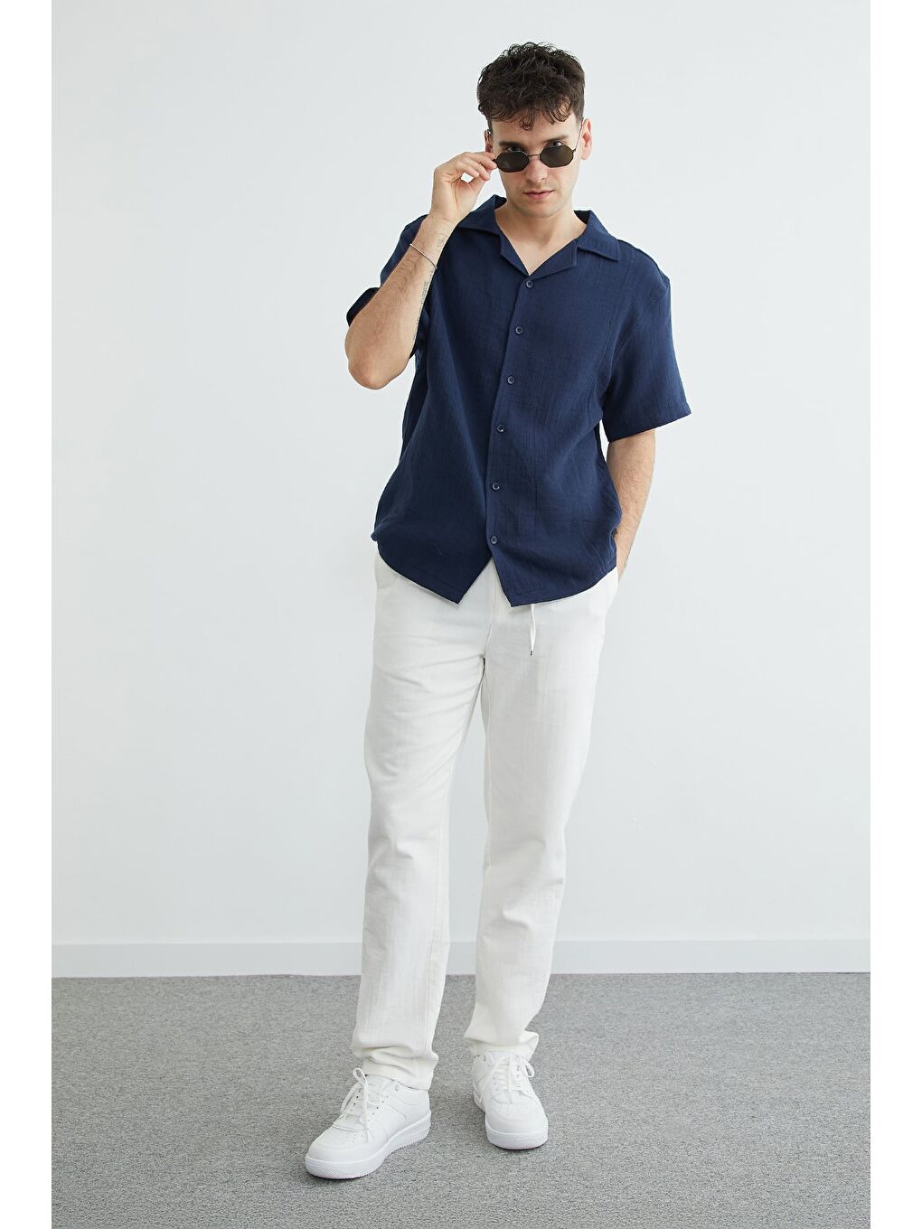 Ekru Beli Lastikli Müslin Kumaş Pantolon-2