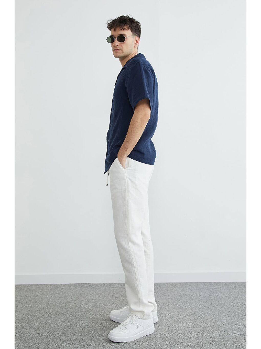 Ekru Beli Lastikli Müslin Kumaş Pantolon-3