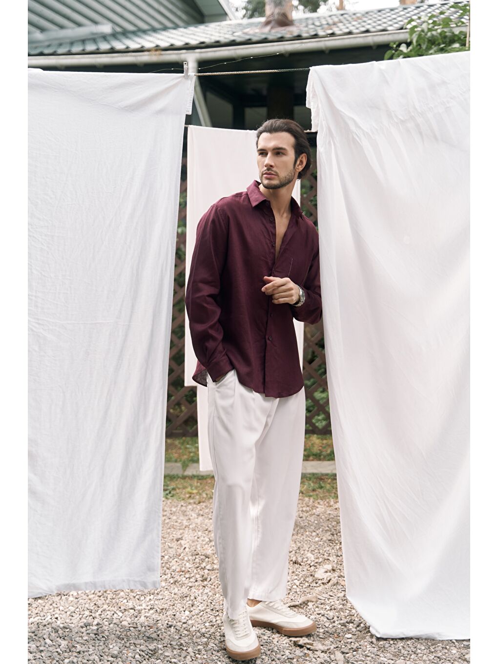 Ombretta Bordo Keten Oversize Erkek Gömlek-2