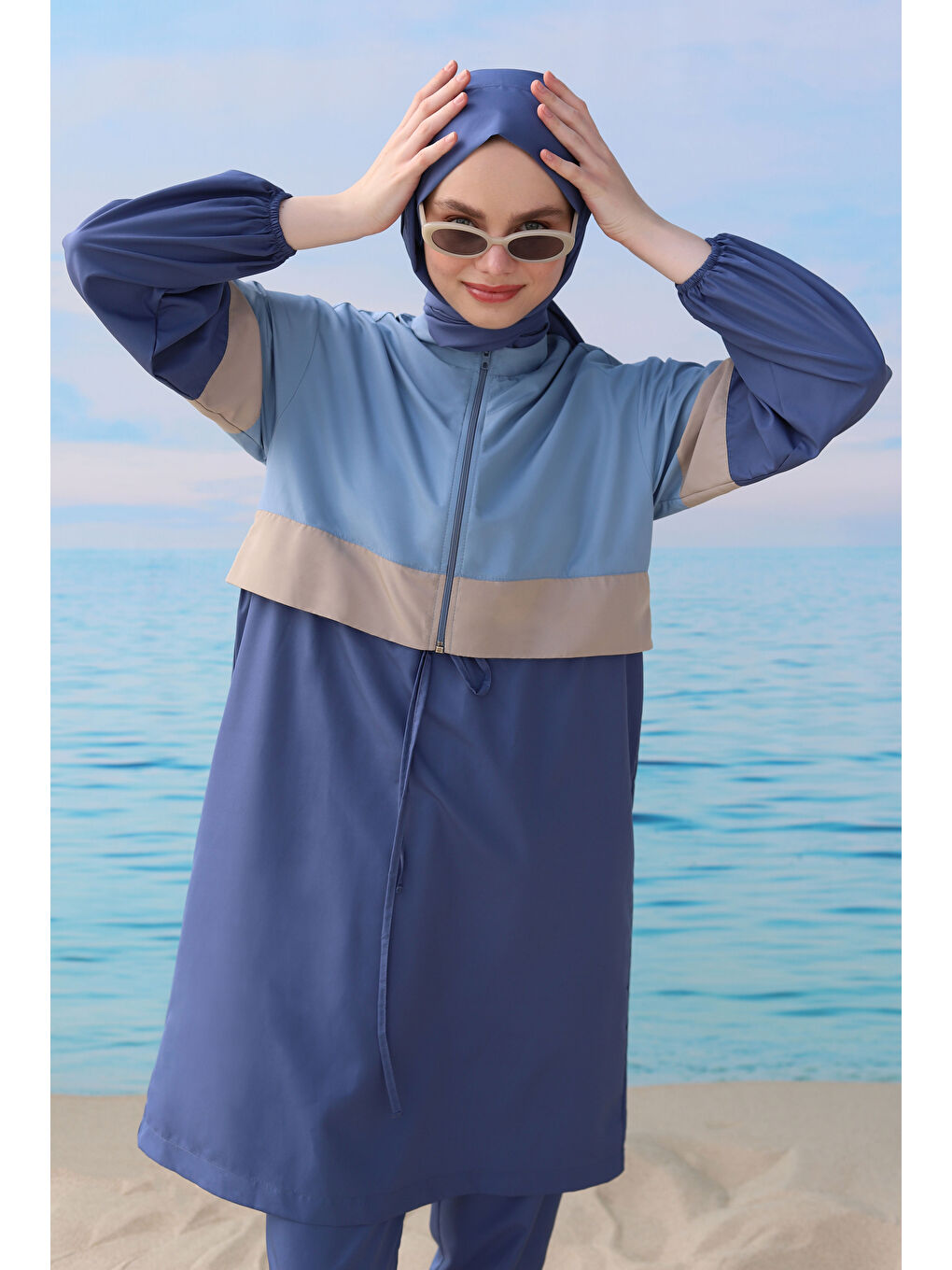 Renk Detaylı Yüzme Takımı Jean Mavi-3