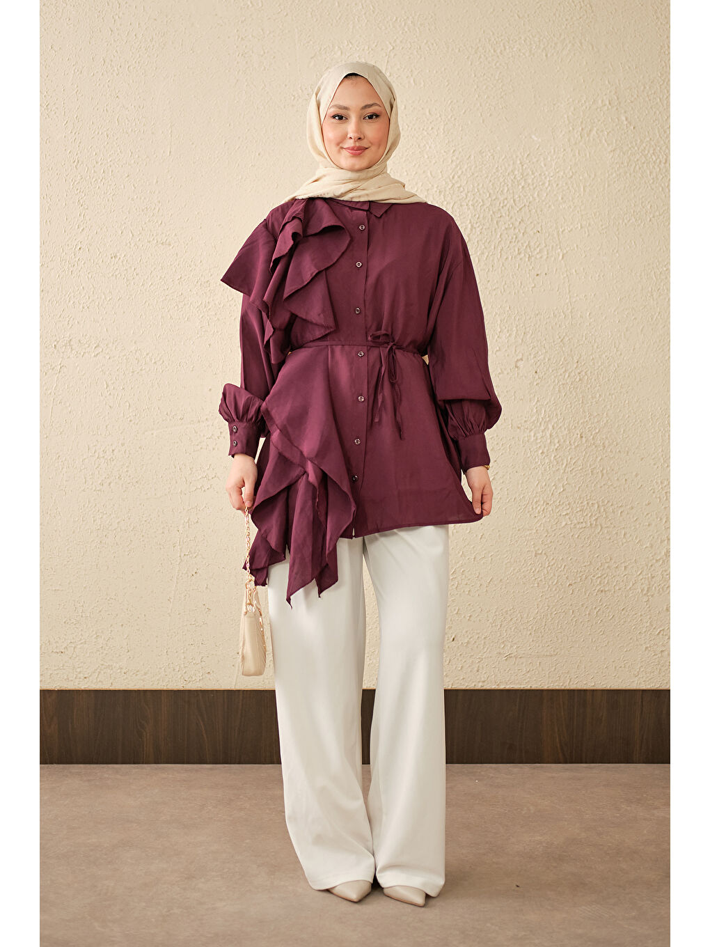 Kadın Volanlı Bağcıklı Gömlek Mürdüm-1